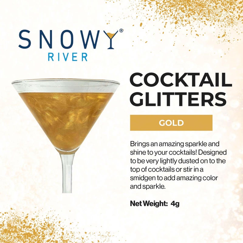 Snowy River غبار الكوكتيل الذهبي من نهر الثلج - غبار مشروبات قابل للأكل طبيعي بالكامل للكوكتيلات، النبيذ، الشمبانيا والصودا، مثالي للحفلات أو لتزيين الكعك (4 جرام، ذهبي) - Image 2